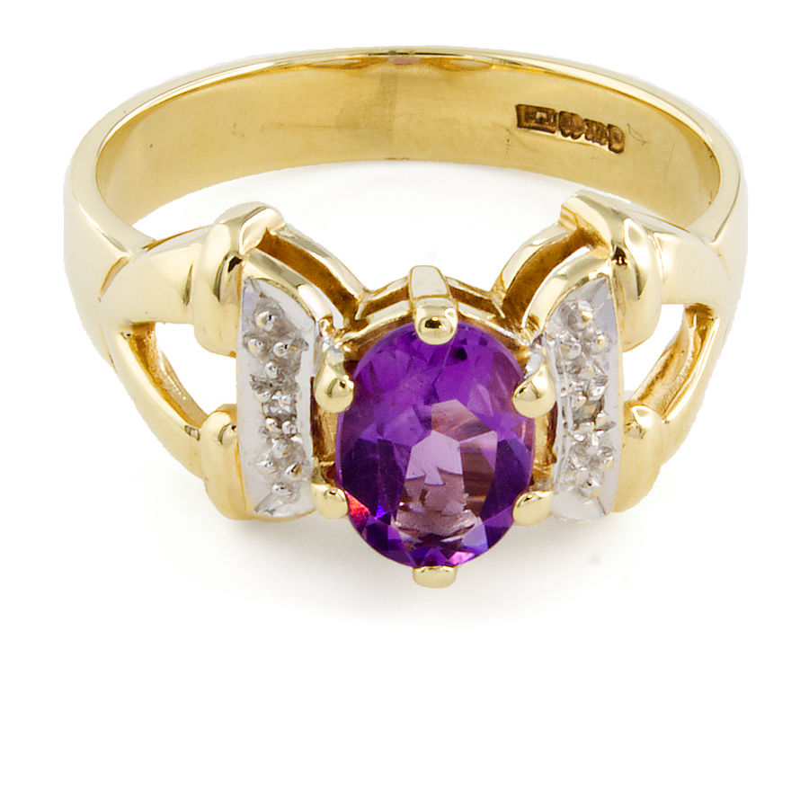 9ct Gold Trilogy Ring With Amethyst Gemstone & 2 Peridots With Open Wo –  Blue Cherry Antiques