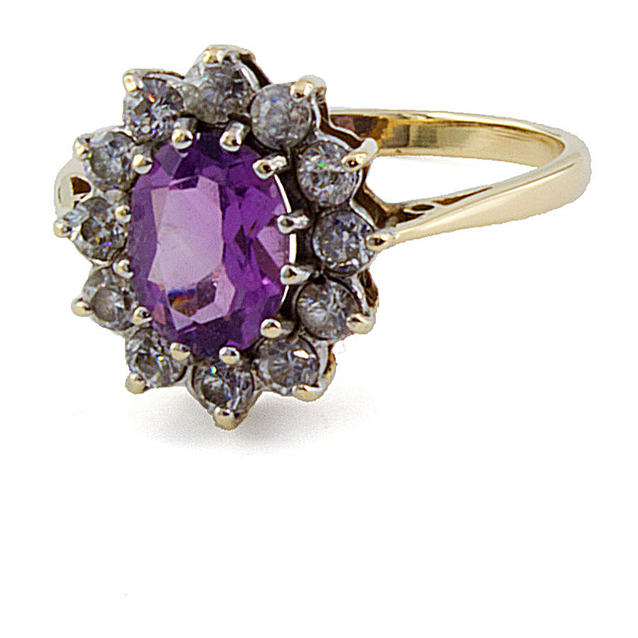 9ct gold Amethyst/C.Z. Cluster Ring size O