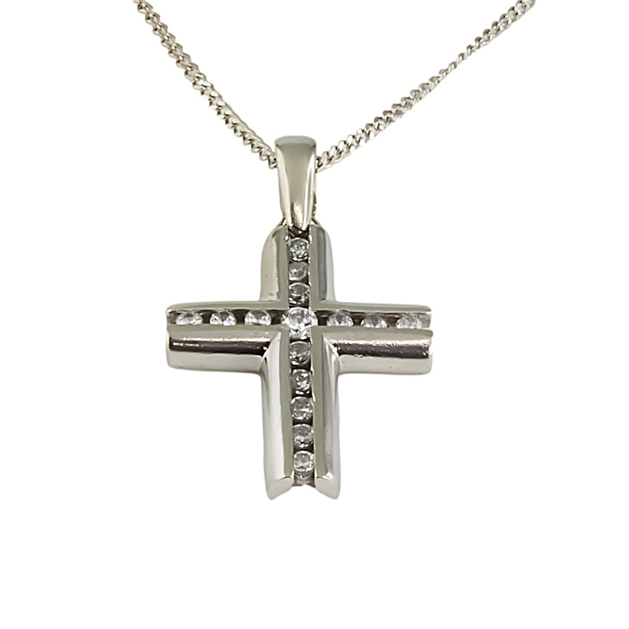 Second Hand 9ct White Gold Cubic Zirconia Cross Pendant with Chain