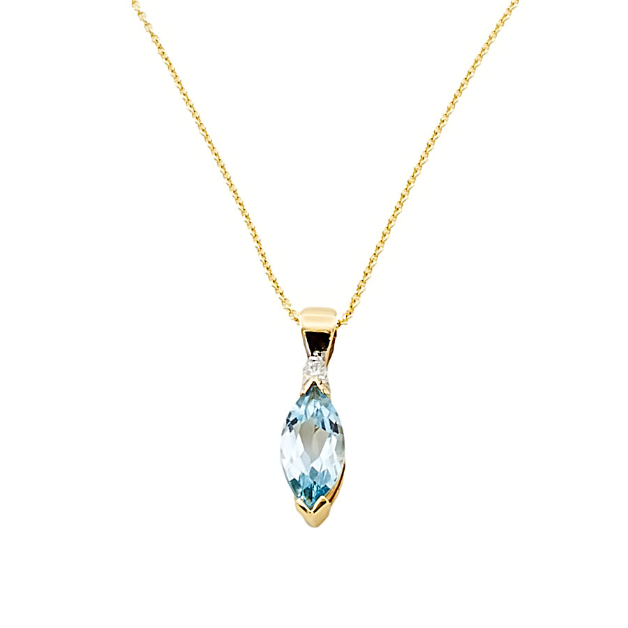 Second hand 9ct Gold Aquamarine Diamond Pendant with Chain